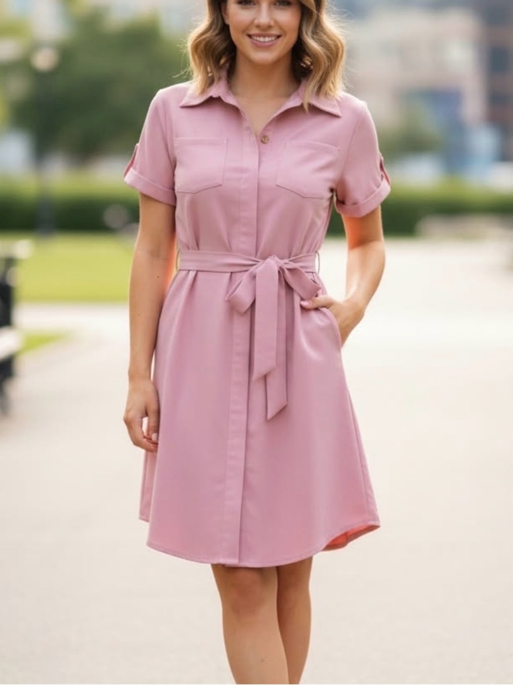 Women's Pink Shirt Dress with Tie Waist